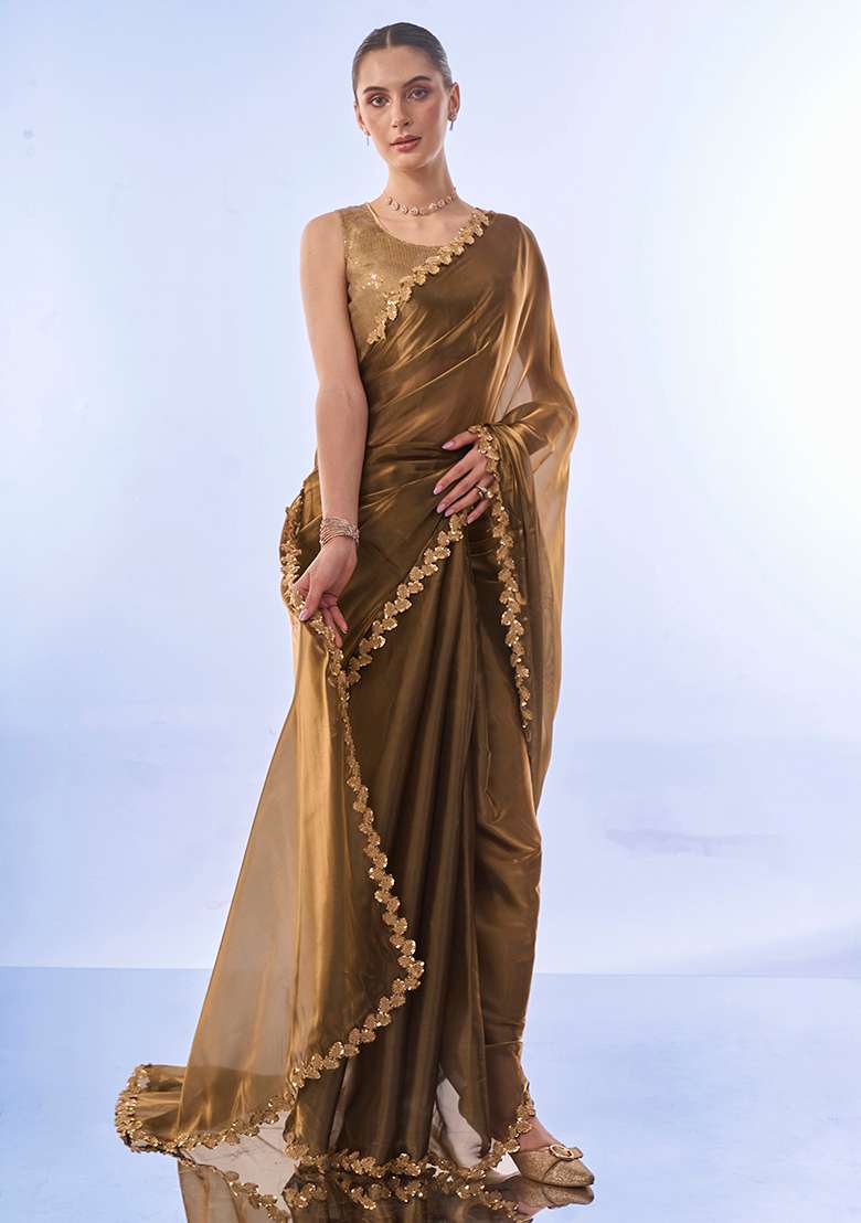 Green Lace Work Jimmy Choo Saree Set - Indya