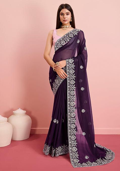 Purple Embroidered Georgette Saree Set