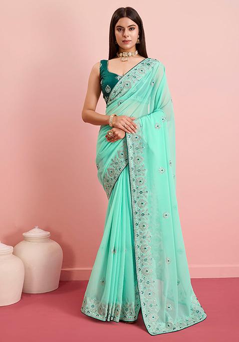 Sea Green Embroidered Georgette Saree Set