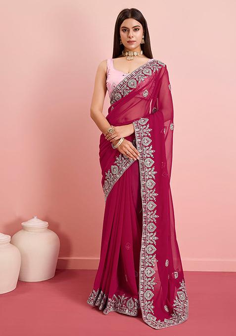 Pink Embroidered Georgette Saree Set