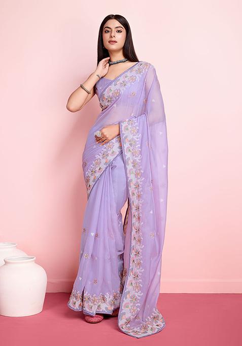 Violet Thread Embroidered Organza Saree Set