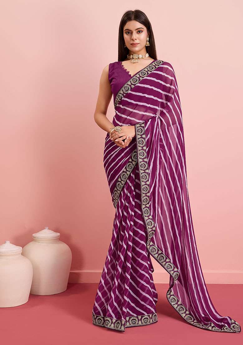 Purple Leheriya Print Georgette Saree Set - Indya