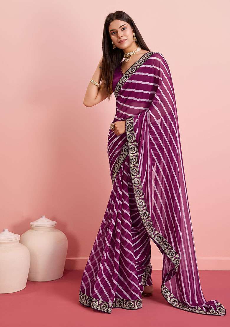 Purple Leheriya Print Georgette Saree Set - Indya