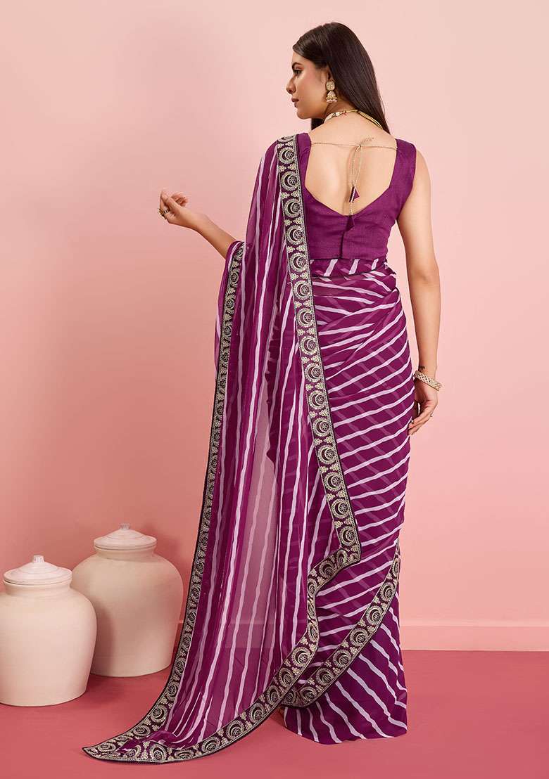 Purple Leheriya Print Georgette Saree Set - Indya