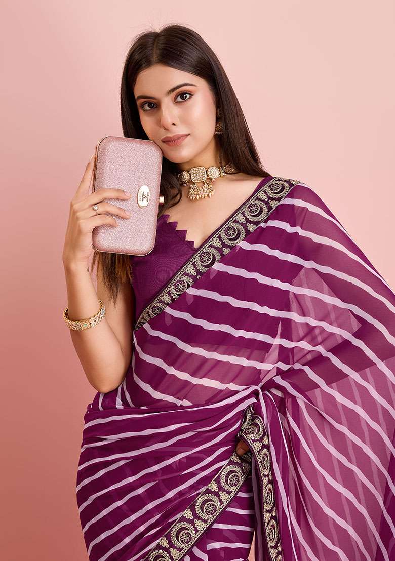 Purple Leheriya Print Georgette Saree Set - Indya