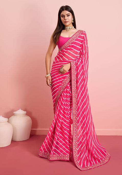 Pink Leheriya Print Georgette Saree Set