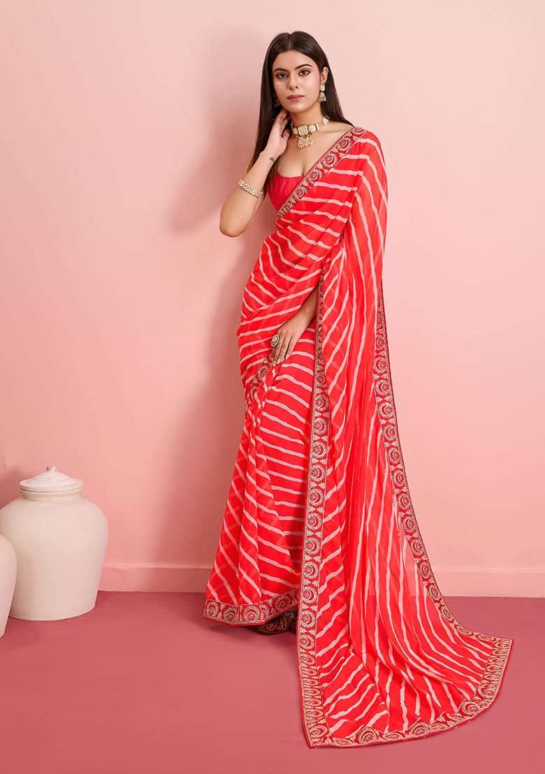 Red Leheriya Print Georgette Saree Set - Indya