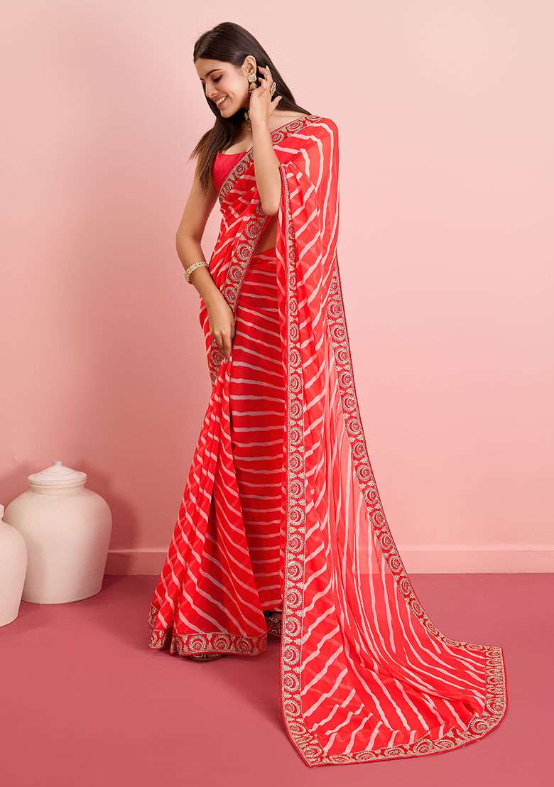 Red Leheriya Print Georgette Saree Set - Indya