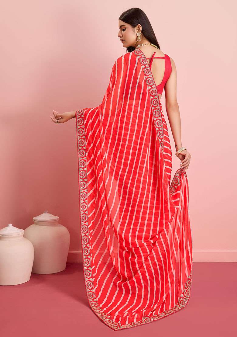 Red Leheriya Print Georgette Saree Set - Indya