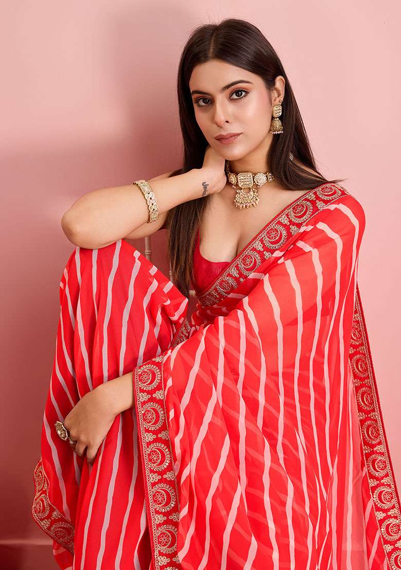 Red Leheriya Print Georgette Saree Set - Indya