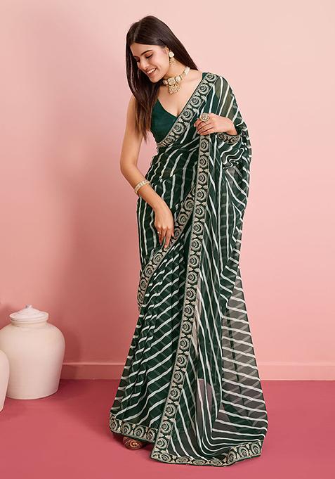 Green Leheriya Print Georgette Saree Set