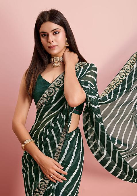 Green Leheriya Print Georgette Saree Set