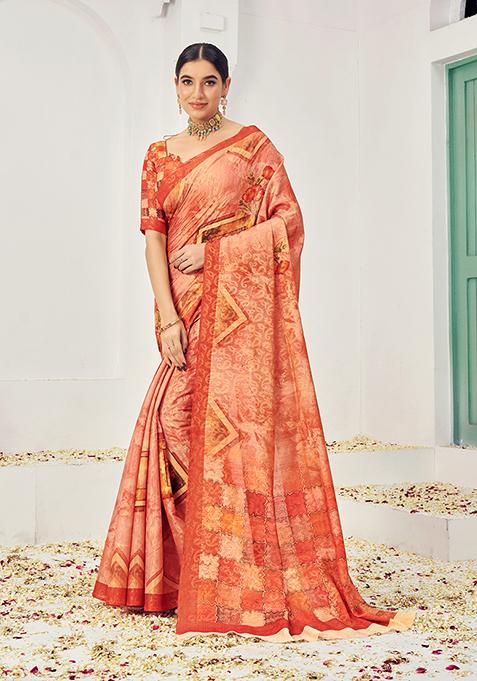 Orange Zari Woven Viscose Saree Set