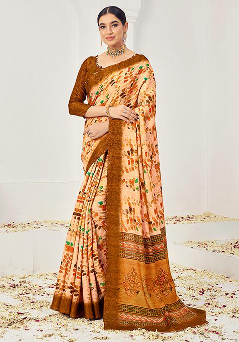 Peach Zari Woven Viscose Saree Set