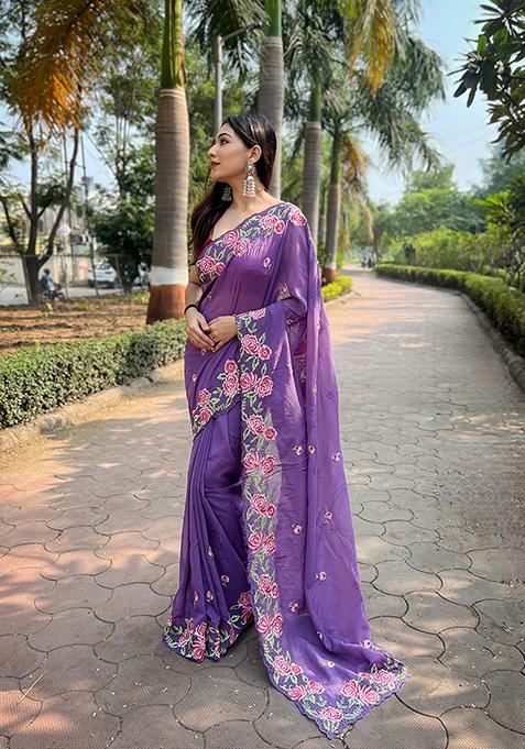 Purple Thread Embroidered Organza Saree Set