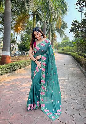 Sea Green Thread Embroidered Organza Saree Set