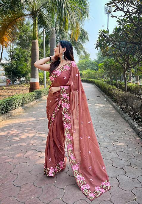 Brown Thread Embroidered Organza Saree Set