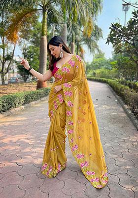 Mustard Yellow Thread Embroidered Organza Saree Set