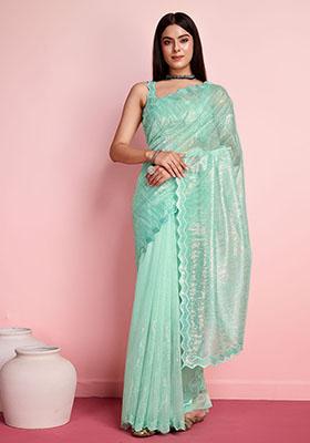 Sea Green Thread Embroidered Silver Twill Net Saree Set