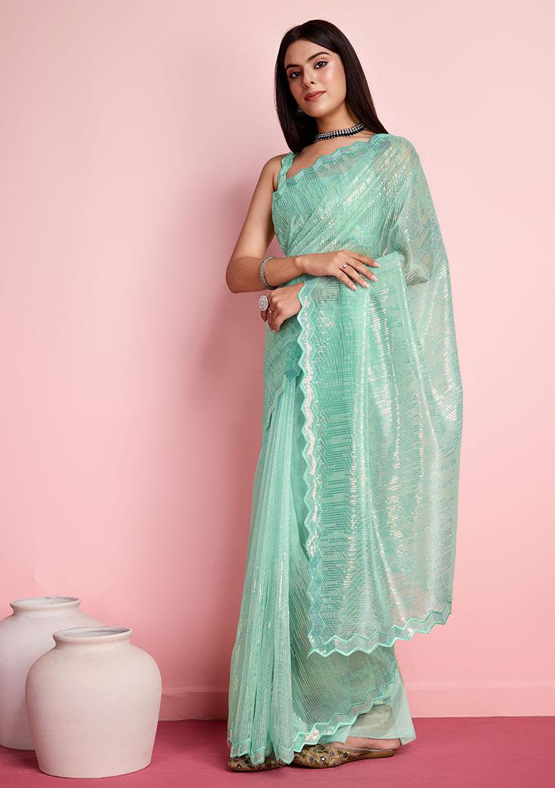 Sea Green Thread Embroidered Silver Twill Net Saree Set