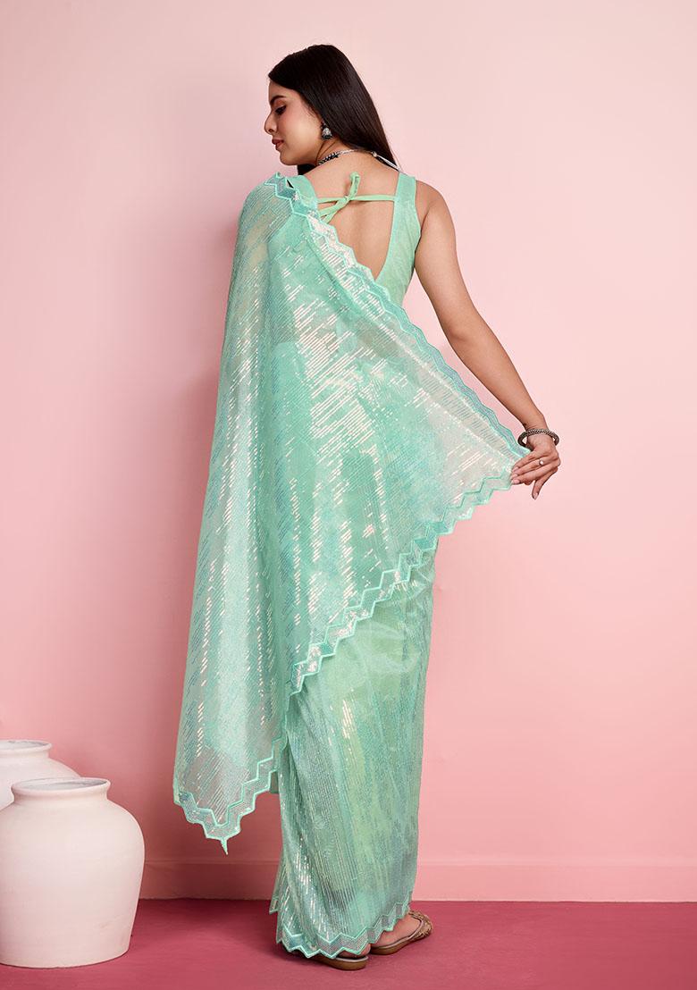 Sea Green Thread Embroidered Silver Twill Net Saree Set