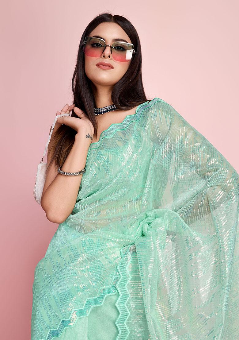 Sea Green Thread Embroidered Silver Twill Net Saree Set