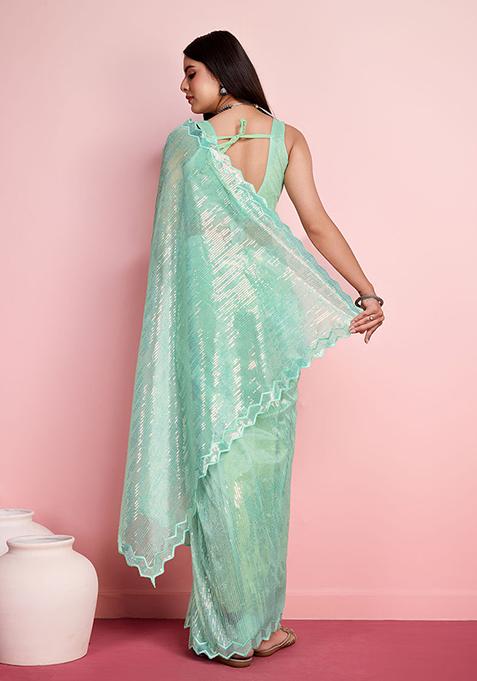 Sea Green Thread Embroidered Silver Twill Net Saree Set