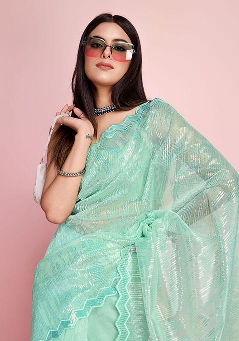 Sea Green Thread Embroidered Silver Twill Net Saree Set