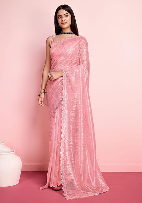 Rust Thread Embroidered Silver Twill Net Saree Set