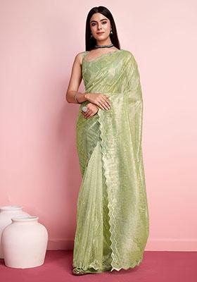 Pista Green Thread Embroidered Silver Twill Net Saree Set