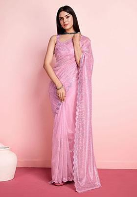 Pink Thread Embroidered Silver Twill Net Saree Set