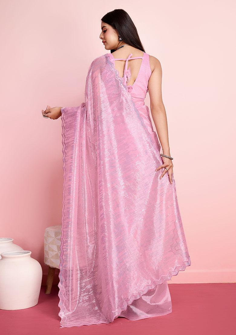 Pink Thread Embroidered Silver Twill Net Saree Set