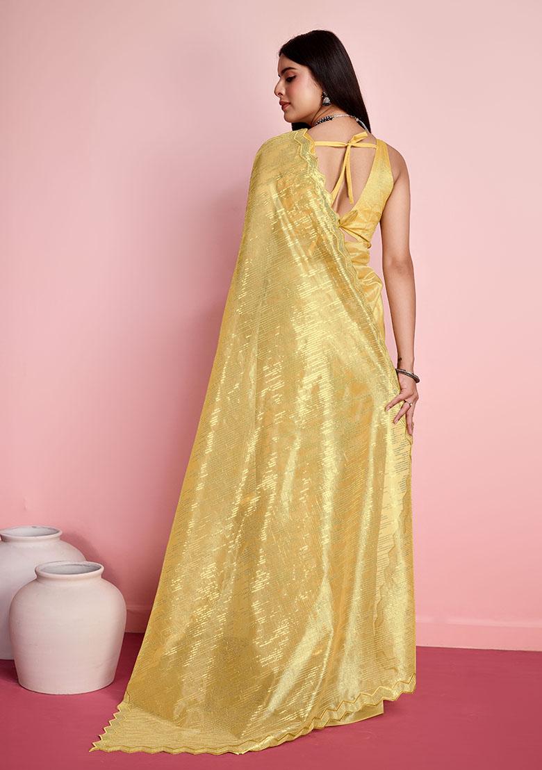 Yellow Thread Embroidered Silver Twill Net Saree Set