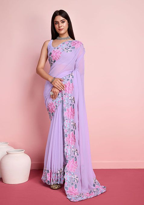 Violet Thread Embroidered Georgette Saree Set