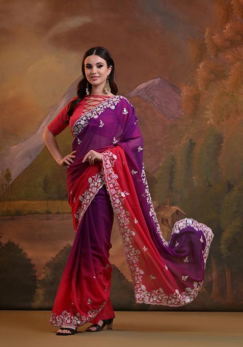 Pink Sequin Embroidered Georgette Saree Set