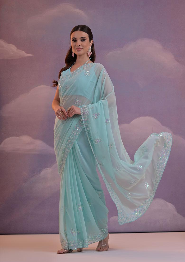 Blue Sequin Embroidered Georgette Saree Set