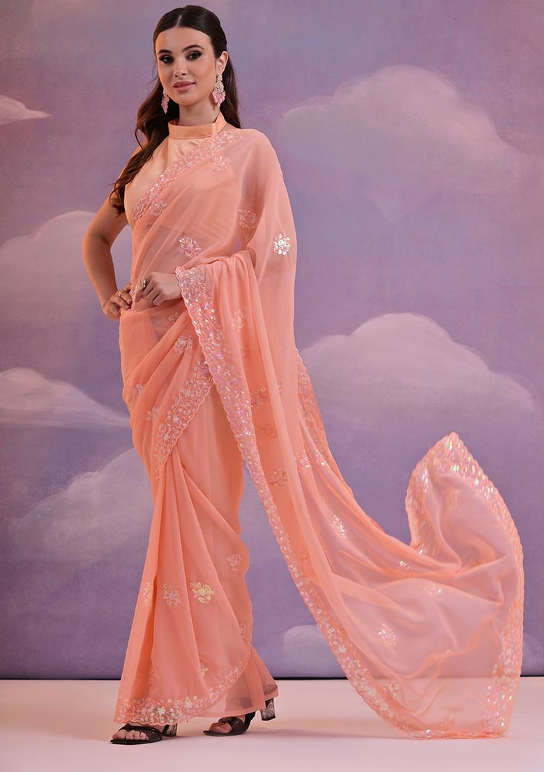 Fanta Orange Sequin Embroidered Georgette Saree Set