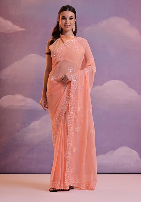 Fanta Orange Sequin Embroidered Georgette Saree Set