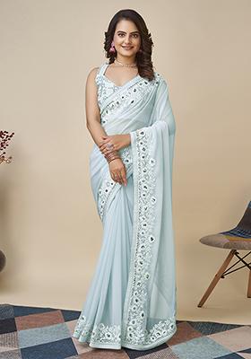 Sky Blue Embroidered Georgette Saree Set
