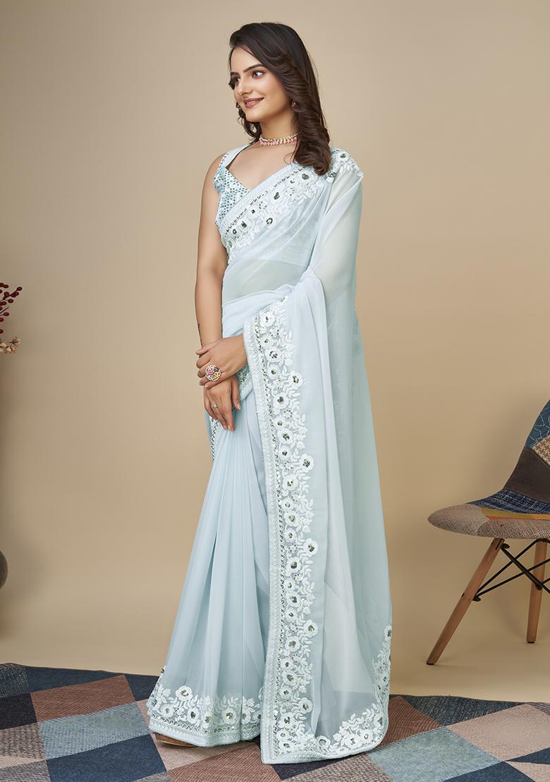 Sky Blue Embroidered Georgette Saree Set