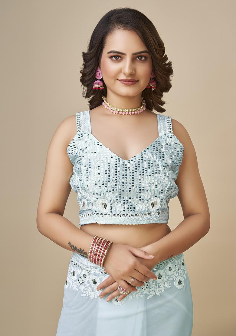 Sky Blue Embroidered Georgette Saree Set