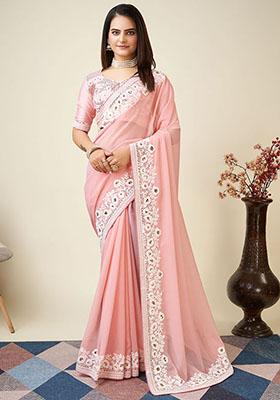 Pink Embroidered Georgette Saree Set