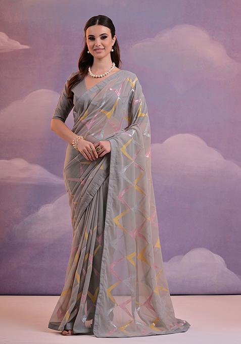 Grey Sequin Embroidered Georgette Saree Set