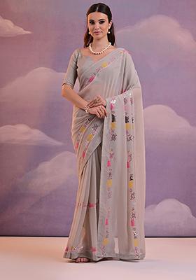 Grey Sequin Embroidered Georgette Saree Set