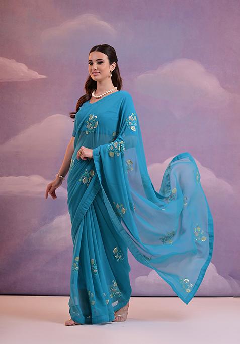 Blue Sequin Embroidered Georgette Saree Set