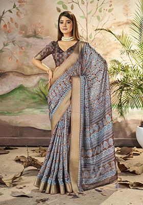 Brown Grey Woven Printed Dolla Silk Saree Set