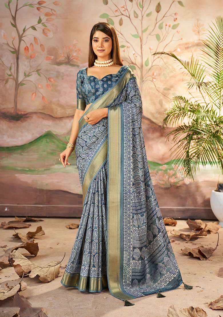 Dark Slate Grey Woven Printed Dolla Silk Saree Set - Indya