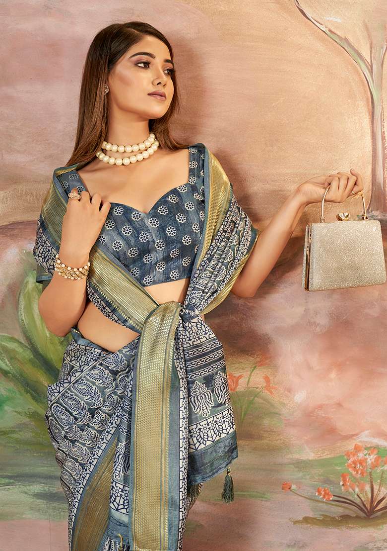 Dark Slate Grey Woven Printed Dolla Silk Saree Set - Indya