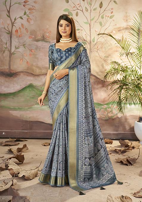 Dark Slate Grey Woven Printed Dolla Silk Saree Set