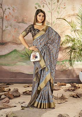 Dull Brown Woven Printed Dolla Silk Saree Set